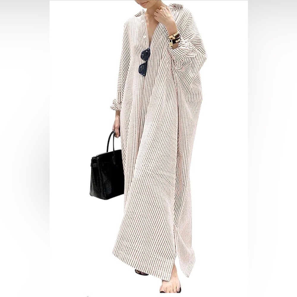 chouyatou Long Sleeve Button Down Loose Striped 100% Cotton Maxi Shirt Dress